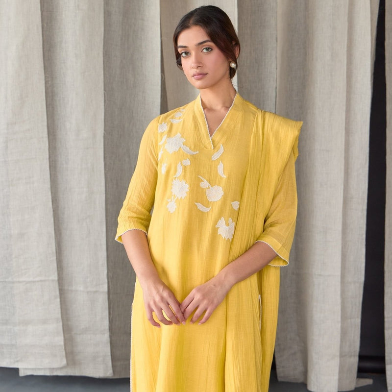 Crinkle Applique Tencel Kurta (Set of 2) - Yellow | Verified Sustainable Womens Kurta on Brown Living™