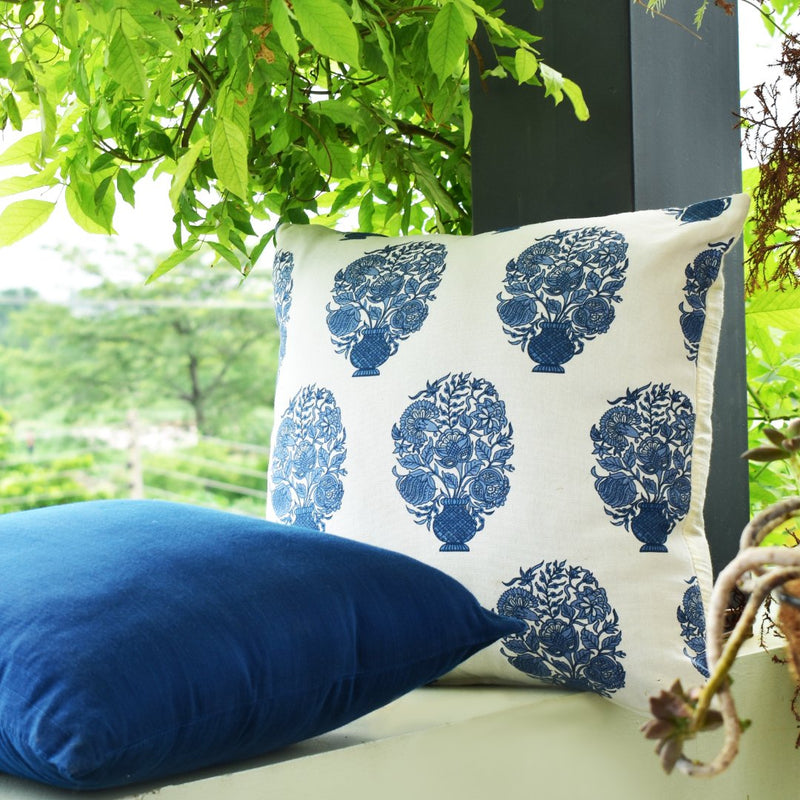 Designer Block Print Premium Cotton Cushion Cover - White With Blue Motif | Verified Sustainable Covers & Inserts on Brown Living™