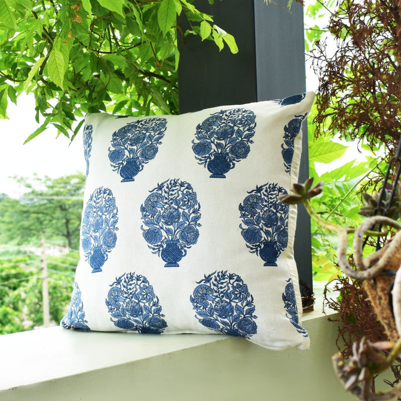 Designer Block Print Premium Cotton Cushion Cover - White With Blue Motif | Verified Sustainable Covers & Inserts on Brown Living™