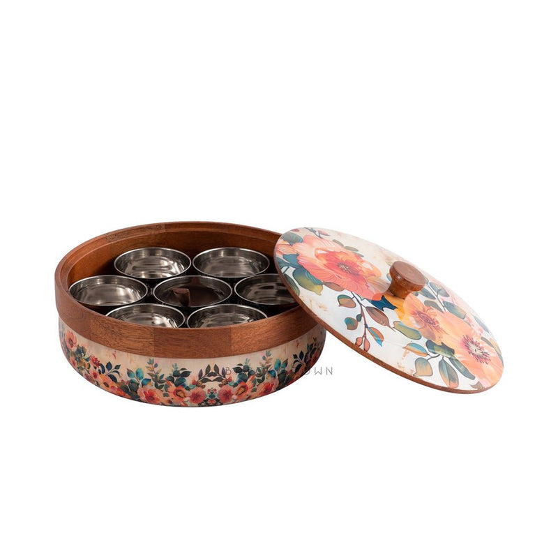 Durable Pastel Flora Wooden Spice Box with Wooden Spoon | Verified Sustainable Kitchen Organizers on Brown Living™