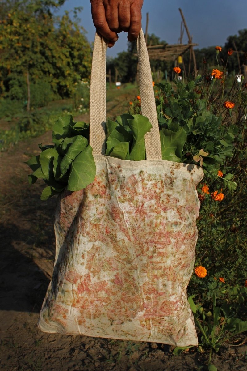 Eco Printed Packaging Bag - Deep Red, Green, White | Verified Sustainable Tote Bag on Brown Living™