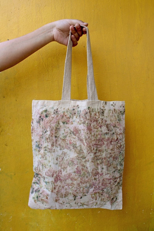 Eco Printed Packaging Bag - Deep Red, Green, White | Verified Sustainable Tote Bag on Brown Living™