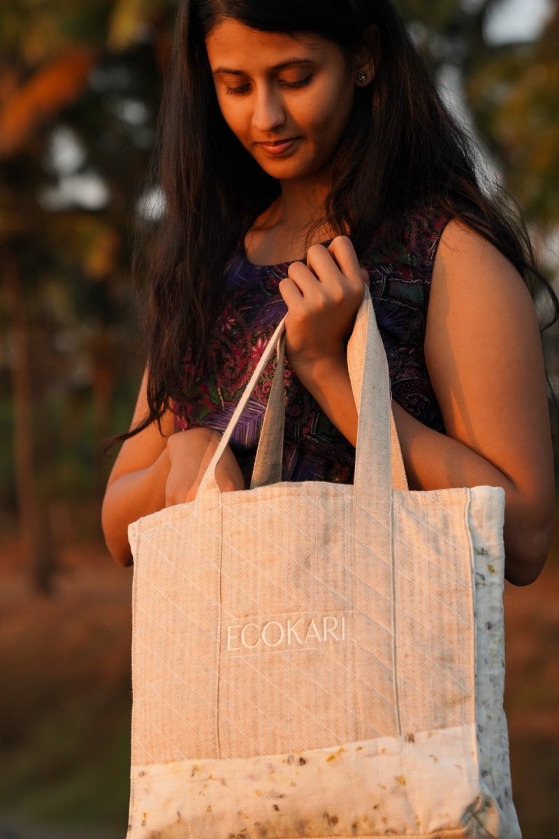 Eco - Tote Printed Bag | Beige & White | Verified Sustainable Tote Bag on Brown Living™