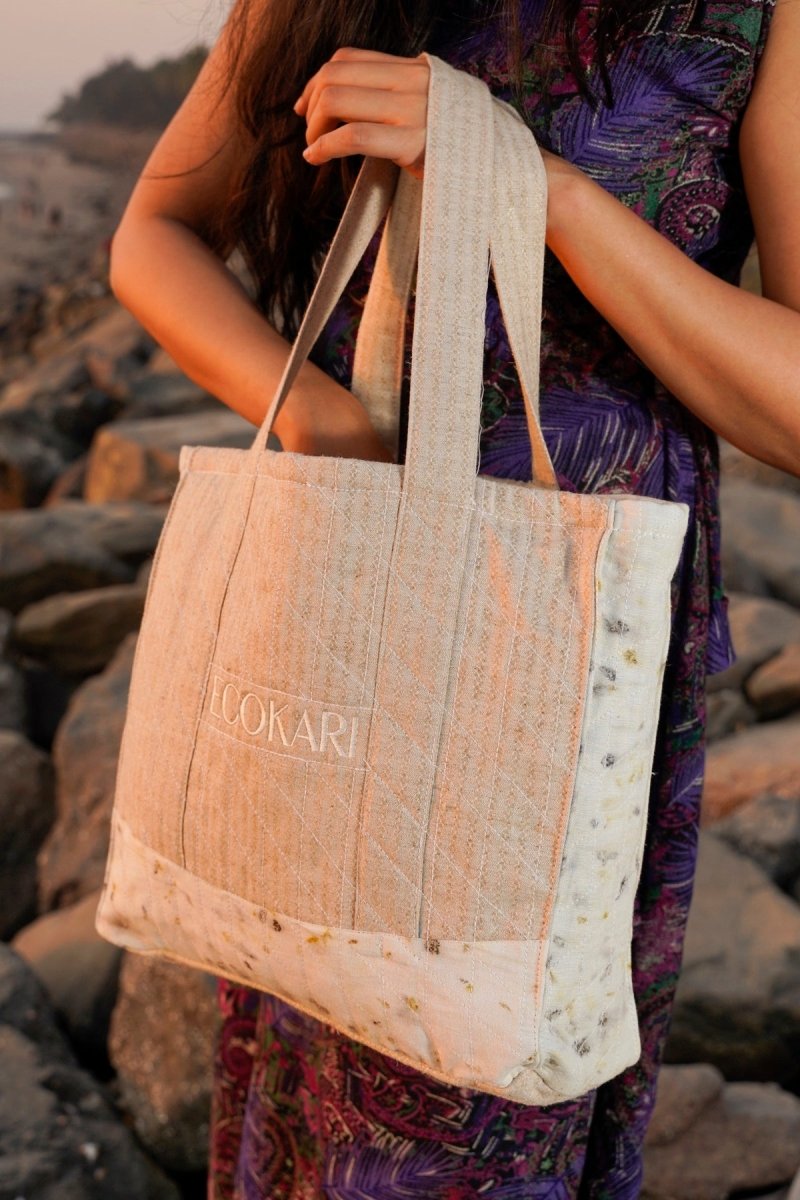 Eco - Tote Printed Bag | Beige & White | Verified Sustainable Tote Bag on Brown Living™