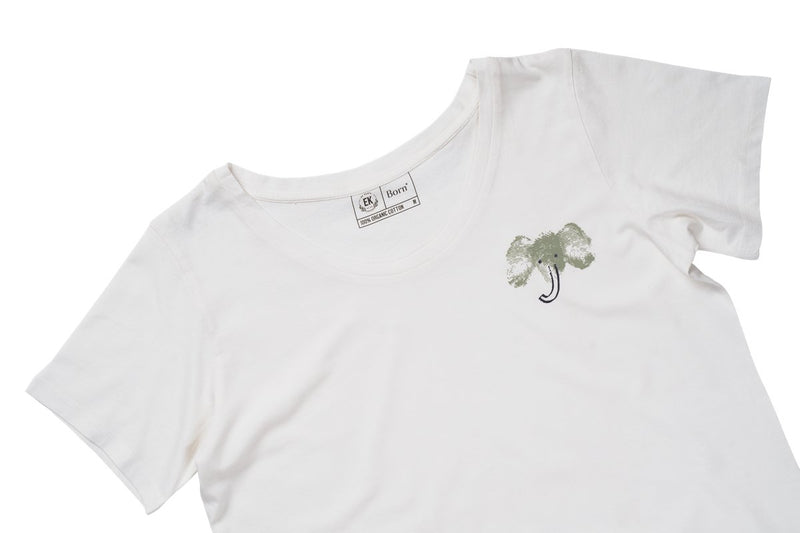 Elephant - Womens Organic Cotton T - shirt | White | Verified Sustainable Womens T - Shirt on Brown Living™