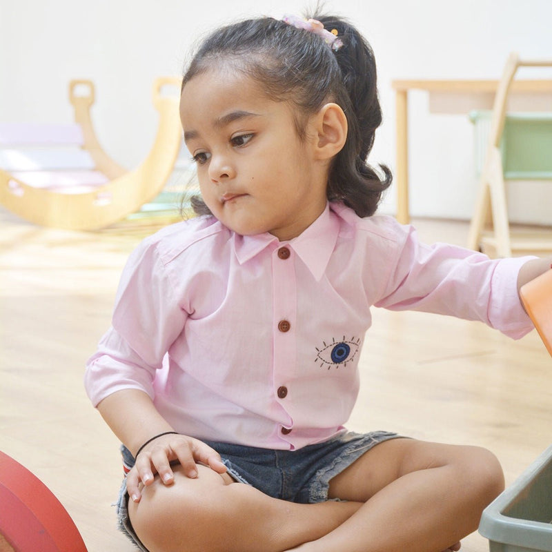 Evil Eye Embroidered Unisex Organic Cotton Shirt- Light Pink | Verified Sustainable Kids Shirts on Brown Living™