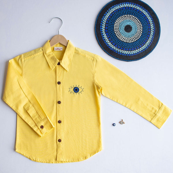 Evil Eye Embroidered Unisex Organic Cotton Shirt- Yellow | Verified Sustainable Kids Shirts on Brown Living™