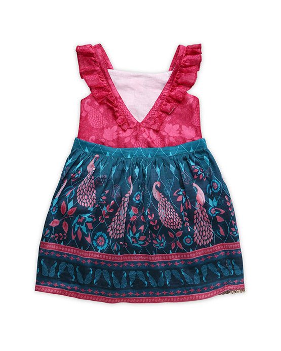 Firoza - Chanderi Peacock Printed Infant Onesie with Detachable Lehenga Skirt and Matching Clips | Verified Sustainable Kids Ethnic Sets on Brown Living™