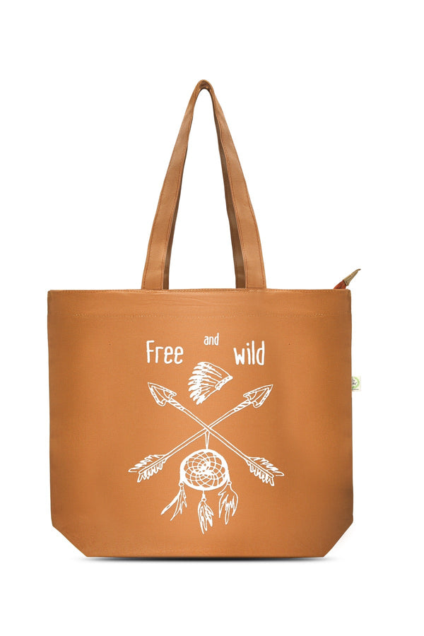 Free and Wild- Premium Cotton Canvas Tote Bag with Zip- Tan | Verified Sustainable Tote Bag on Brown Living™