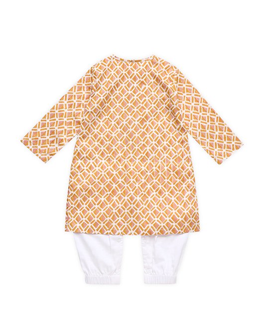 Genda - Handblock Printed Infant Kurta with Attached Pyjama (Onesie) | Verified Sustainable Kids Ethnic Sets on Brown Living™