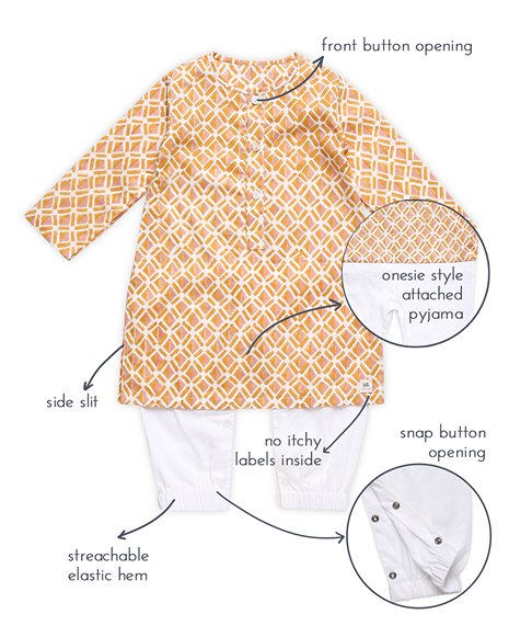 Genda - Handblock Printed Infant Kurta with Attached Pyjama (Onesie) | Verified Sustainable Kids Ethnic Sets on Brown Living™