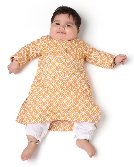 Genda - Handblock Printed Infant Kurta with Attached Pyjama (Onesie) | Verified Sustainable Kids Ethnic Sets on Brown Living™