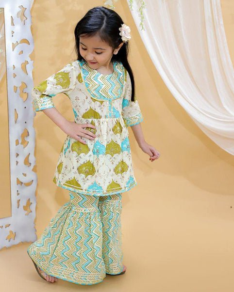 Girls Pure Cotton Jaipur Block Printed Festive Suit Sets - Green | Verified Sustainable Kids Ethnic Sets on Brown Living™