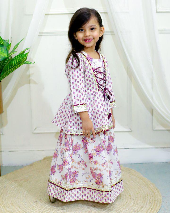 Girls Pure Cotton Jaipur Block Printed Festive Suit Sets - Purple | Verified Sustainable Kids Ethnic Sets on Brown Living™