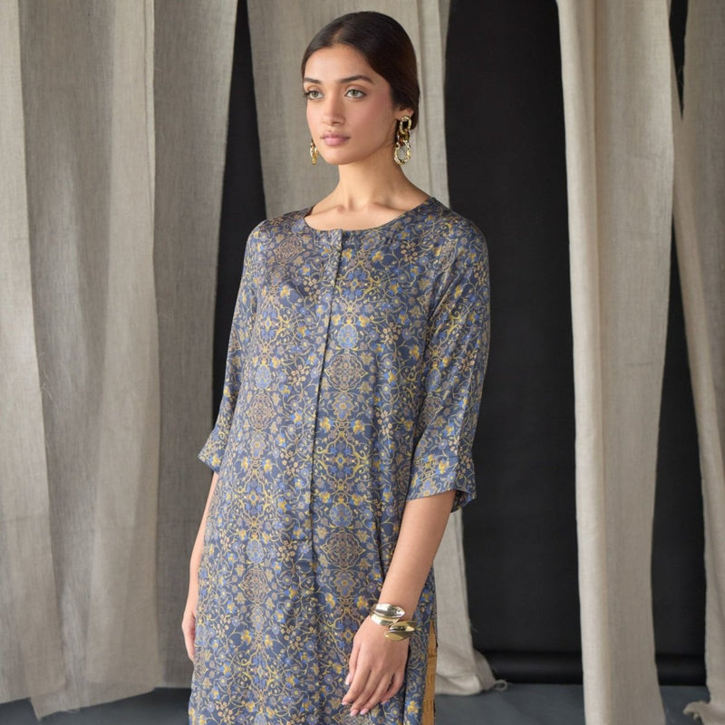 Grey Ajrakh Tencel Kurta | Verified Sustainable Womens Kurta on Brown Living™