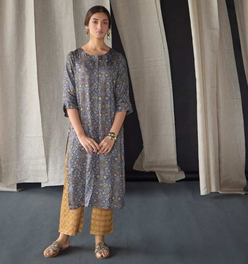 Grey Ajrakh Tencel Kurta Set | Verified Sustainable Womens Kurta on Brown Living™