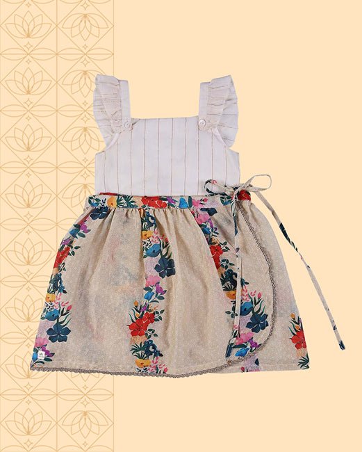 Gulzar - Chanderi Floral Printed Infant Onesie with Detachable Lehenga Skirt and Matching Clips | Verified Sustainable Kids Ethnic Sets on Brown Living™