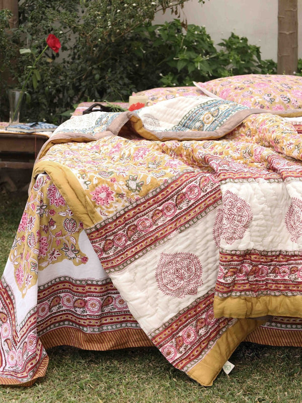 Hand-Printed Organic Cotton Quilt: Ethnic Floral Luxury | Verified Sustainable Bed Linens on Brown Living™