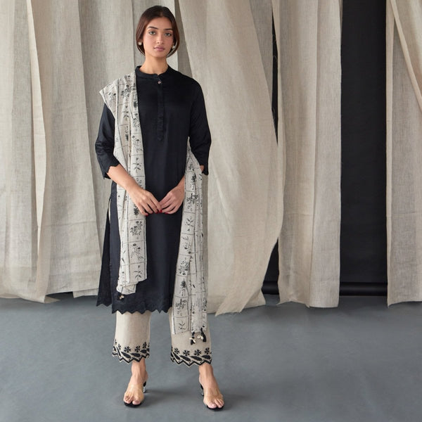 Hand Scalloped Black Kurta set with Tonal Embroidery | Verified Sustainable Womens Kurta on Brown Living™