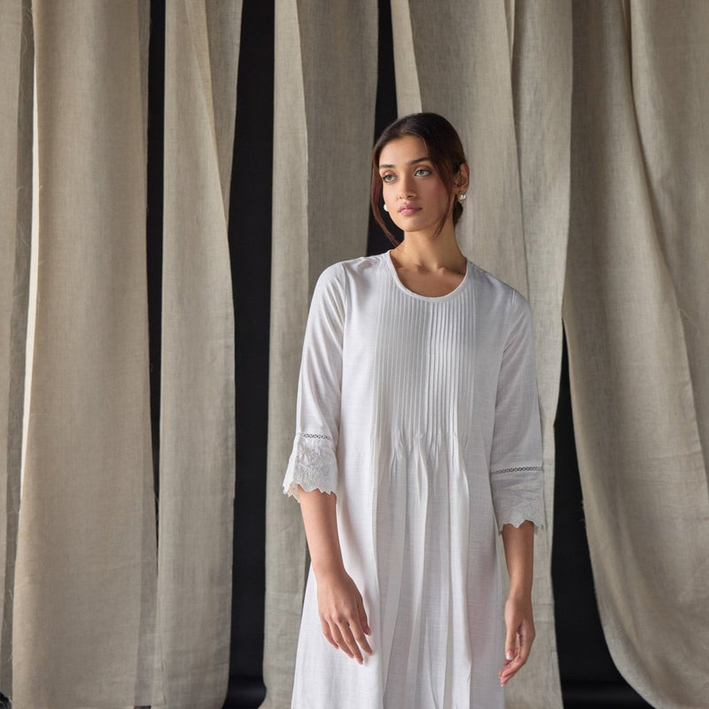 Hand Scalloped & Tonal Embroidered Dress - White | Verified Sustainable Womens Dress on Brown Living™