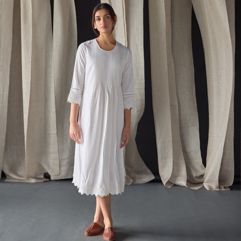 Hand Scalloped & Tonal Embroidered Dress - White | Verified Sustainable Womens Dress on Brown Living™