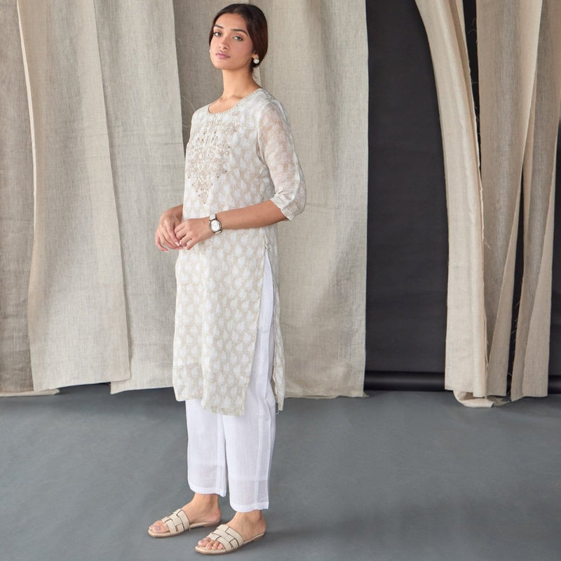 Handblock Off White Pure Linen Kurta | Verified Sustainable Womens Kurta on Brown Living™