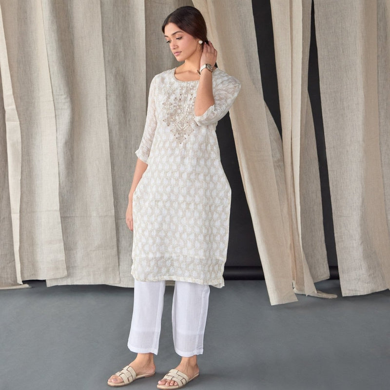 Handblock Off White Pure Linen Kurta | Verified Sustainable Womens Kurta on Brown Living™