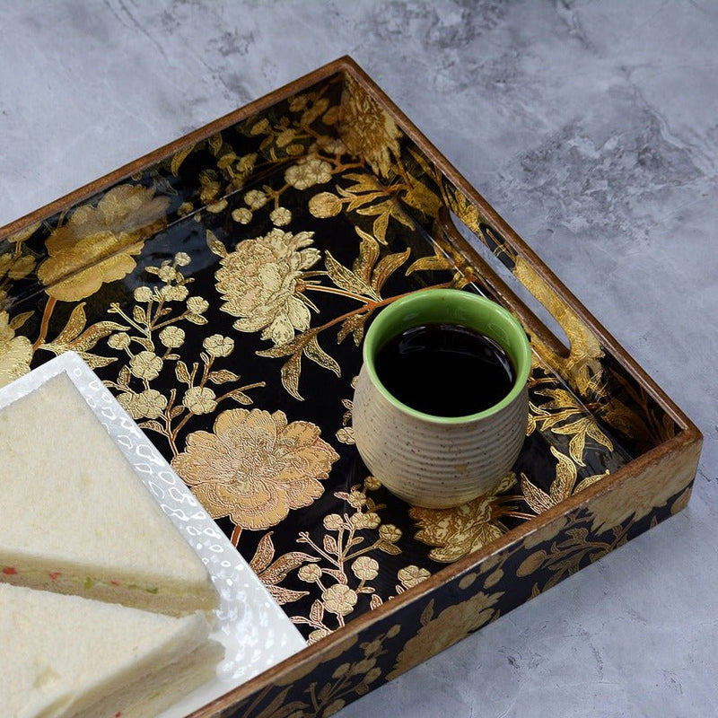 Handcrafted Floral Black Gold Foiling Tray | Verified Sustainable Trays & Platters on Brown Living™