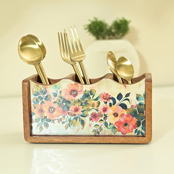 Handcrafted Pastel Flora Cutlery Holder | Made with Mango Wood | Verified Sustainable Kitchen Organizers on Brown Living™