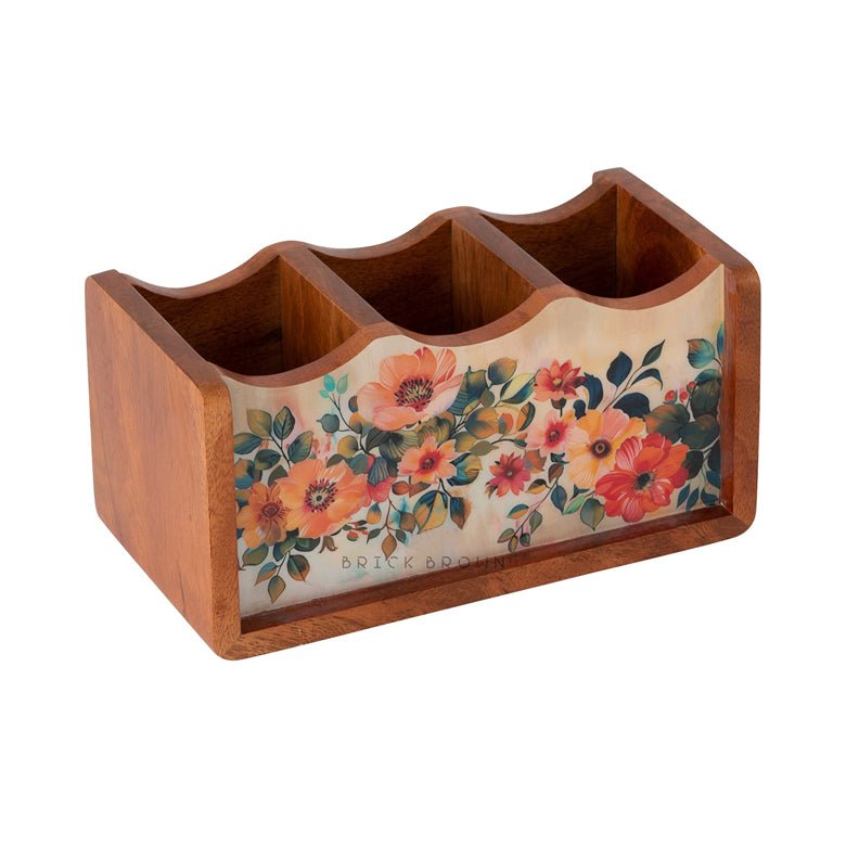 Handcrafted Pastel Flora Cutlery Holder | Made with Mango Wood | Verified Sustainable Kitchen Organizers on Brown Living™