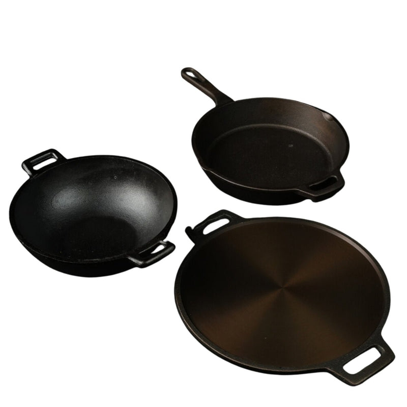 Handmade Cast Iron Combo (Kadai + Dosa Tawa + Skillet) | Verified Sustainable Cookware on Brown Living™