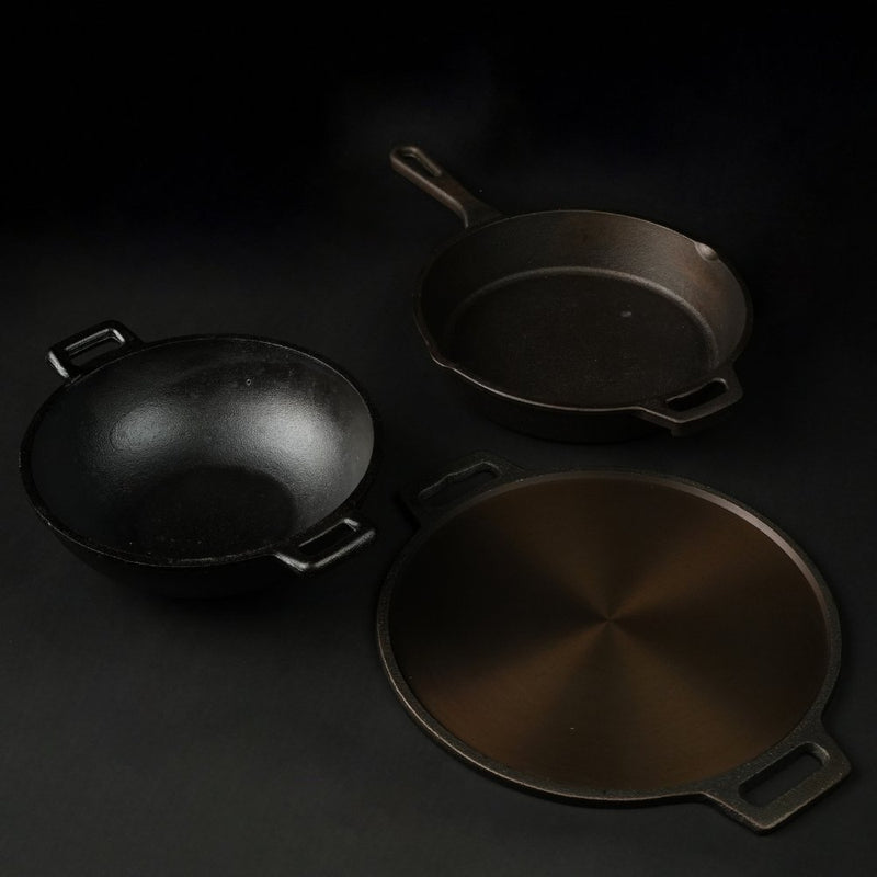 Handmade Cast Iron Combo (Kadai + Dosa Tawa + Skillet) | Verified Sustainable Cookware on Brown Living™