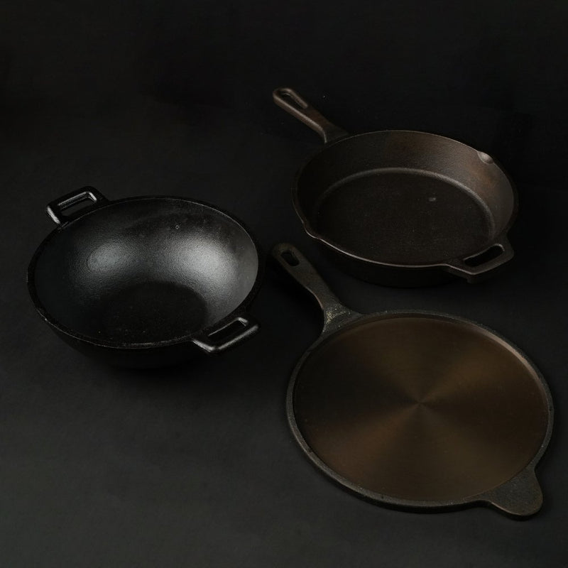 Handmade Cast Iron Combo (Kadai + Roti/ Dosa Tawa + Skillet) | Verified Sustainable Cookware on Brown Living™