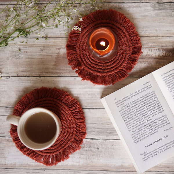 Handmade Macrame Brown Table Coasters - Set of 2 | Verified Sustainable Coasters on Brown Living™