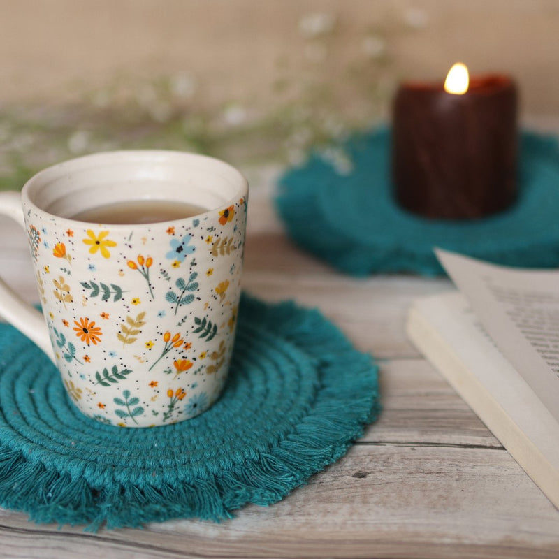 Handmade Macrame Teal Table Coasters - Set of 2 | Verified Sustainable Coasters on Brown Living™