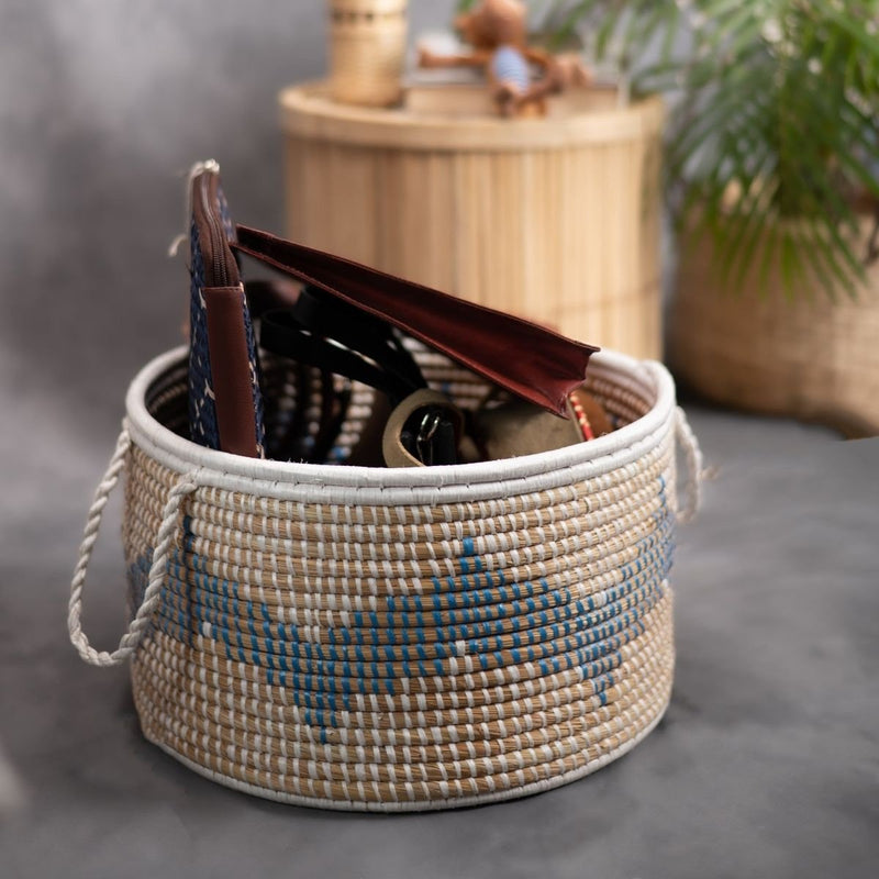 Handmade Moonj Grass Declutter Basket - Indigo-Wave | Verified Sustainable Baskets & Boxes on Brown Living™