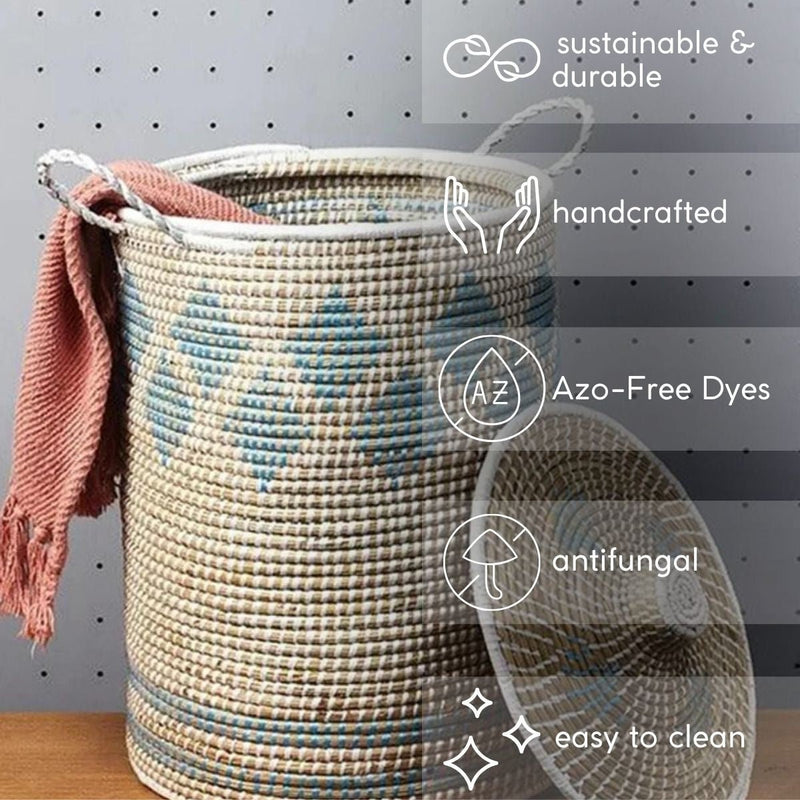 Handmade Moonj Grass Laundry Basket - Indigo-Diamond | Verified Sustainable Baskets & Boxes on Brown Living™