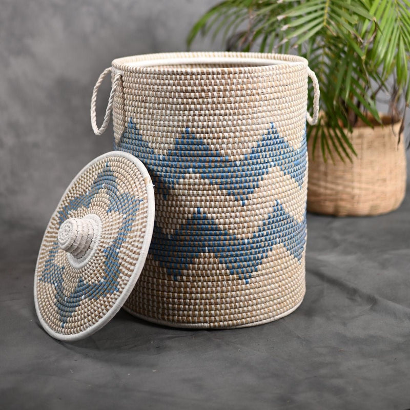 Handmade Moonj Grass Laundry Basket - Indigo-Wave | Verified Sustainable Baskets & Boxes on Brown Living™