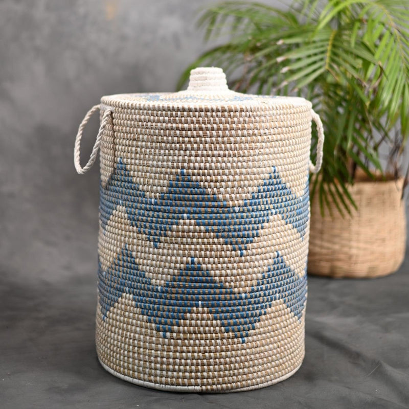 Handmade Moonj Grass Laundry Basket - Indigo-Wave | Verified Sustainable Baskets & Boxes on Brown Living™