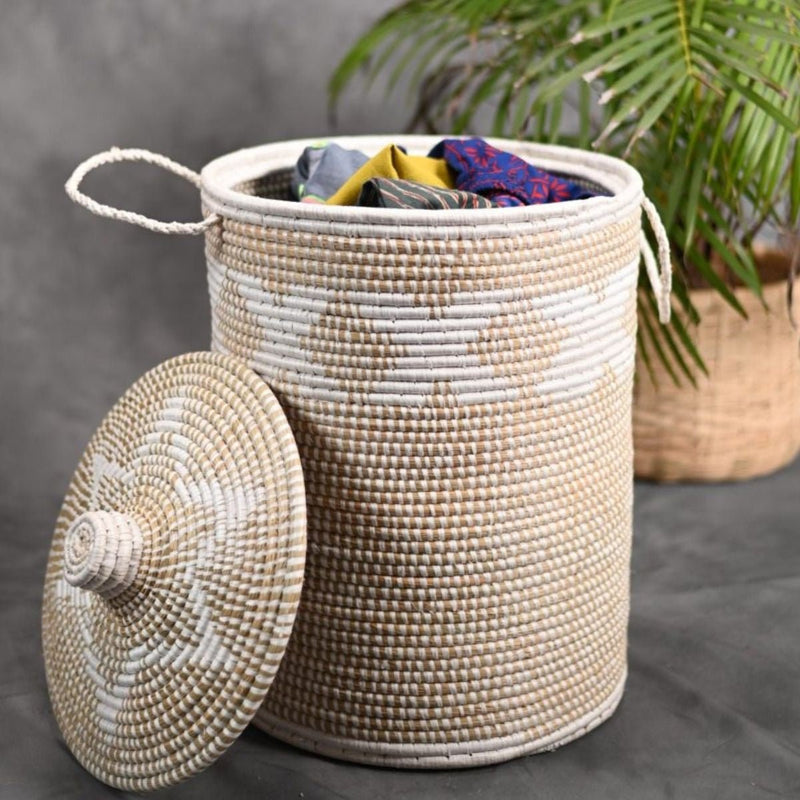 Handmade Moonj Grass Laundry Basket - White-Cross | Verified Sustainable Baskets & Boxes on Brown Living™