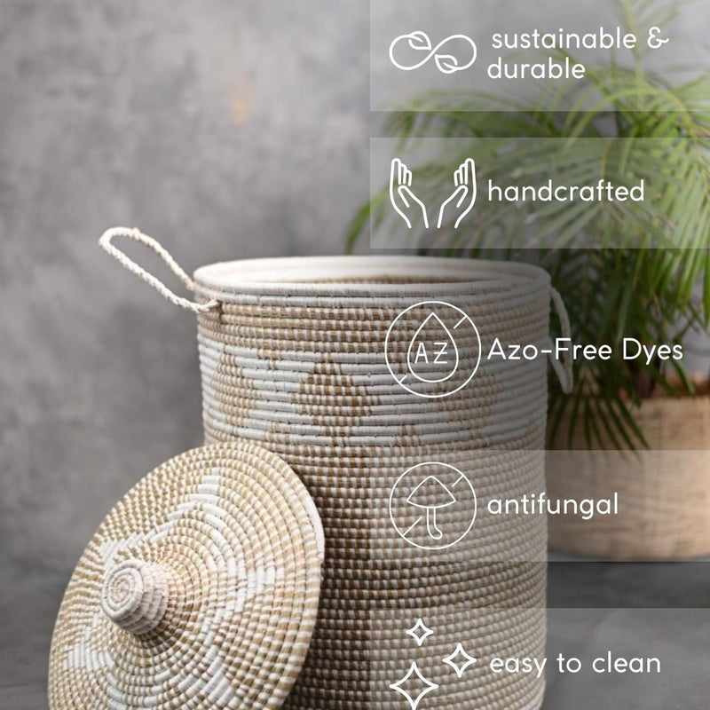 Handmade Moonj Grass Laundry Basket - White-Cross | Verified Sustainable Baskets & Boxes on Brown Living™