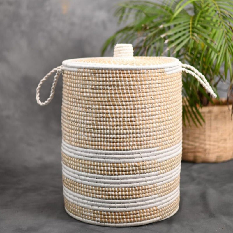 Handmade Moonj Grass Laundry Basket - White-Line | Verified Sustainable Baskets & Boxes on Brown Living™