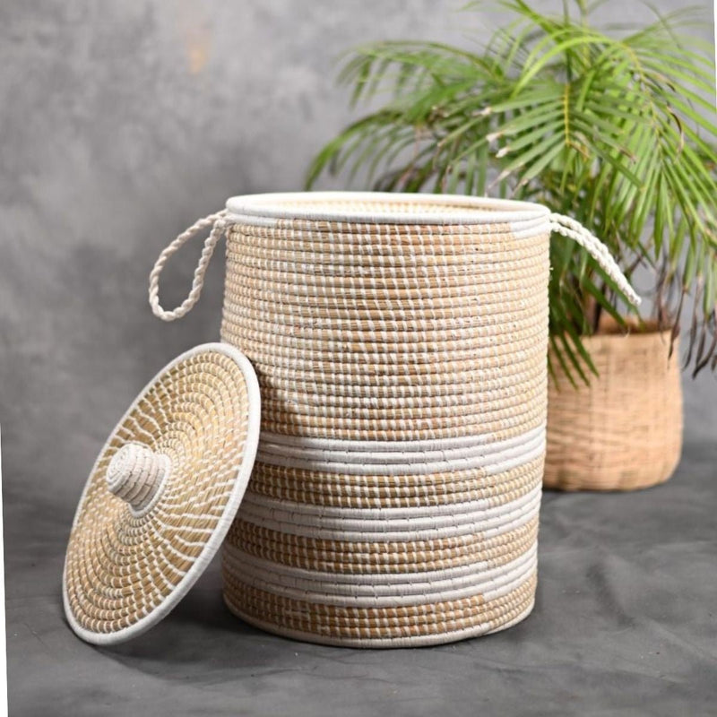 Handmade Moonj Grass Laundry Basket - White-Line | Verified Sustainable Baskets & Boxes on Brown Living™