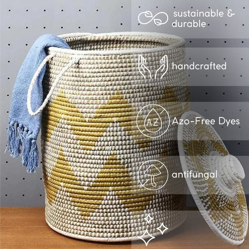 Handmade Moonj Grass Laundry Basket - Yellow-Wave | Verified Sustainable Baskets & Boxes on Brown Living™