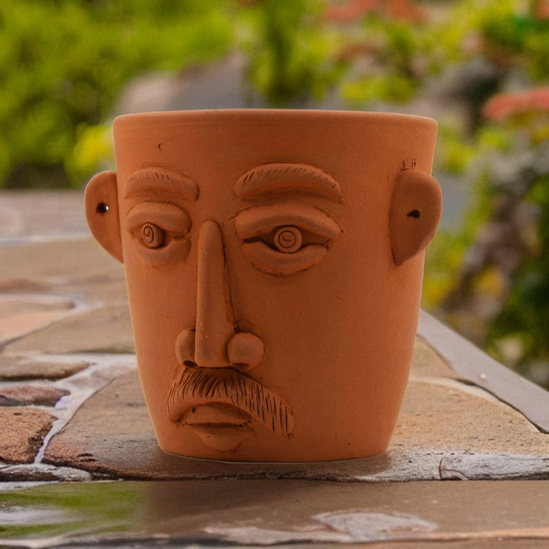 Handmade Terracotta Table Top Planter Face with Moustache | Verified Sustainable Pots & Planters on Brown Living™