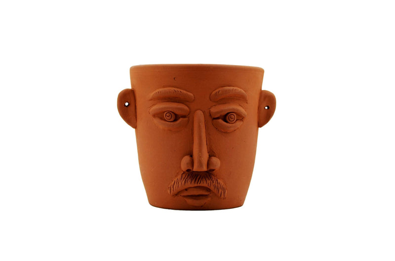 Handmade Terracotta Table Top Planter Face with Moustache | Verified Sustainable Pots & Planters on Brown Living™