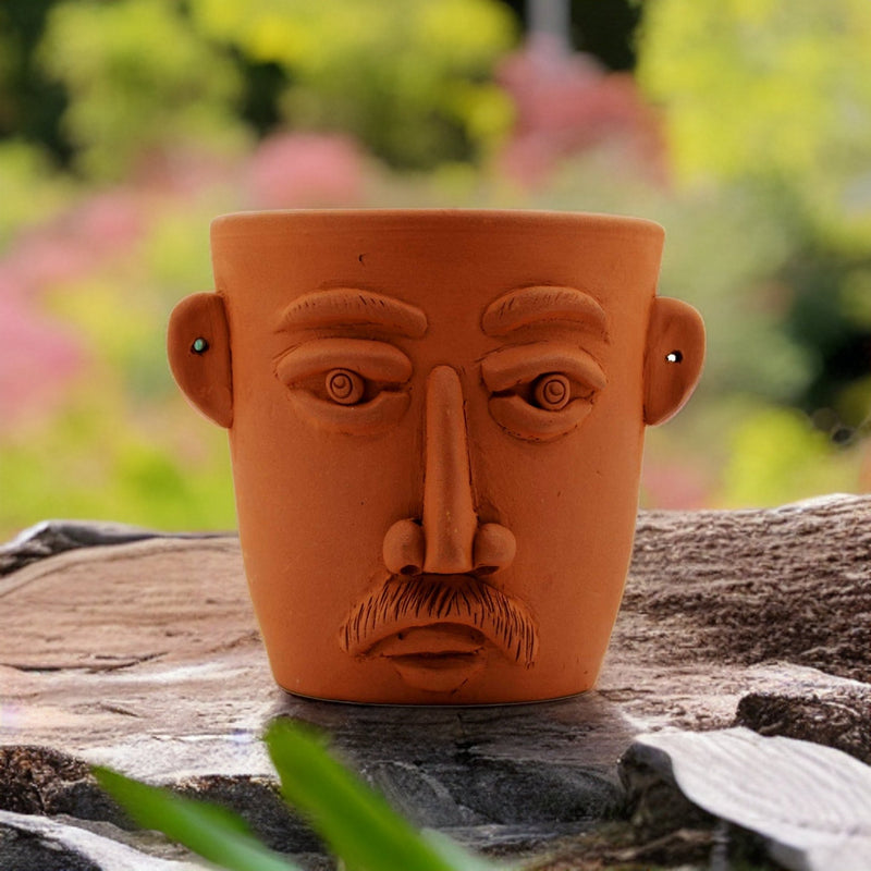 Handmade Terracotta Table Top Planter Face with Moustache | Verified Sustainable Pots & Planters on Brown Living™