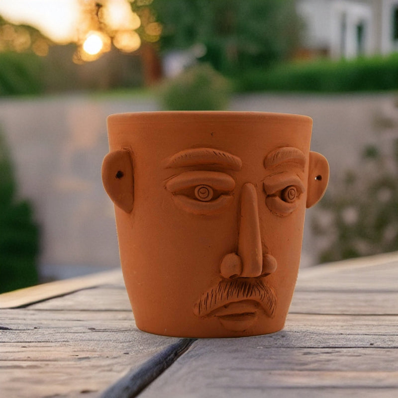 Handmade Terracotta Table Top Planter Face with Moustache | Verified Sustainable Pots & Planters on Brown Living™