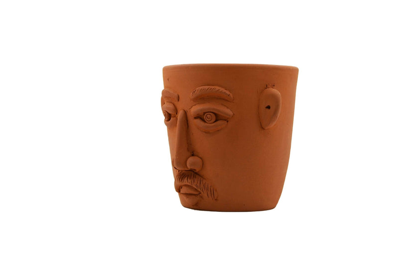 Handmade Terracotta Table Top Planter Face with Moustache | Verified Sustainable Pots & Planters on Brown Living™