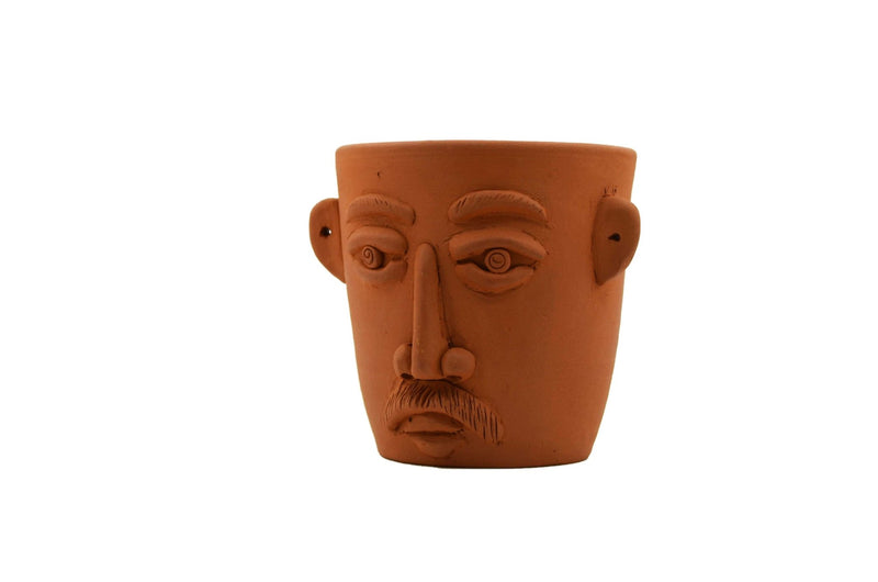 Handmade Terracotta Table Top Planter Face with Moustache | Verified Sustainable Pots & Planters on Brown Living™